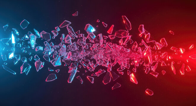 Shattered glass fragments exploding with blue and red neon light against a dark background