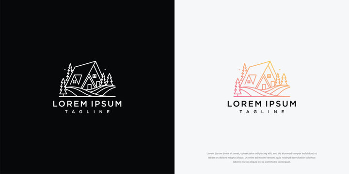 Minimalist Line Art Cabin Home and Nature Landscape Logo Design