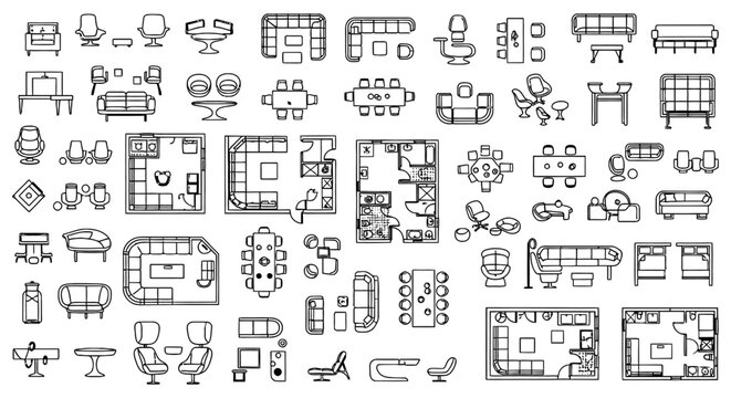 Comprehensive Architectural Furniture CAD Block Library for 2D Floor Plans, Featuring Sofa and Couch Icons, Interior Design Elements, and Technical Blueprint Symbols.