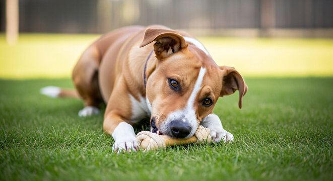 brown bulldog chewing bone on green grass in sunlight