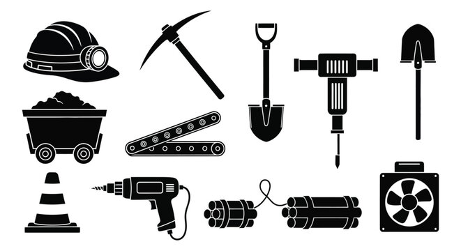 collection of mining tools and equipment silhouettes high quality professional detailed modern elegant stylish clean crisp vibrant colorful digital creative innovative