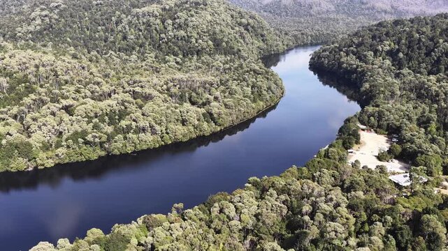 Down to Fatman barge loading point Corinna road in wilderness of Tasmania &ndash; aerial view.