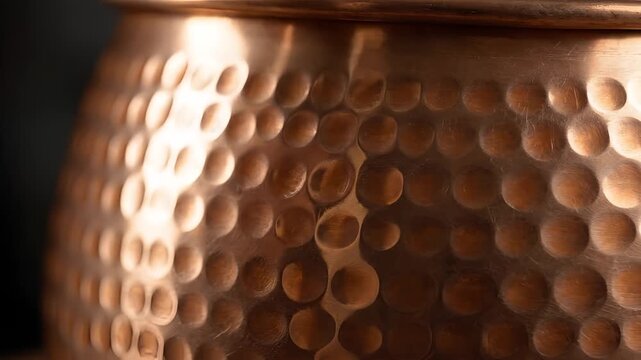 Closeup of Hammered Copper Surface with Warm Lighting.
