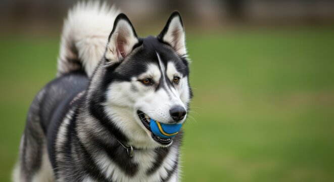 Happy siberian husky dog playing with a ball in a park