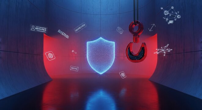 Futuristic Anti-Phishing Command Hub: Holographic Shield and Red Glass Hook in Luxury Indigo Architecture
