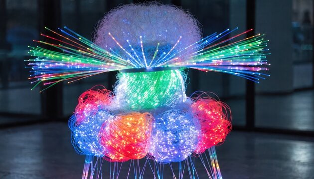 Medium shot showcasing a brightly lit LED dress pulsating with colorful programmable lights highlighting intricate fiber optic designs in soft focus surroundings.