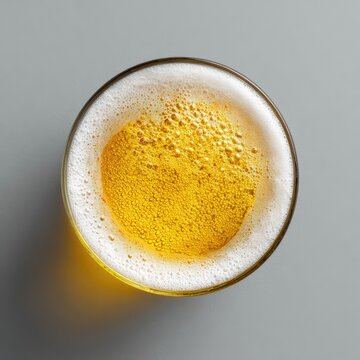 Golden lager in glass with perfect foam top  top view