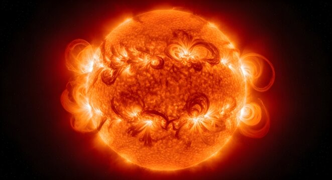 Detailed view of the sun showing intense solar flares and coronal loops in deep space