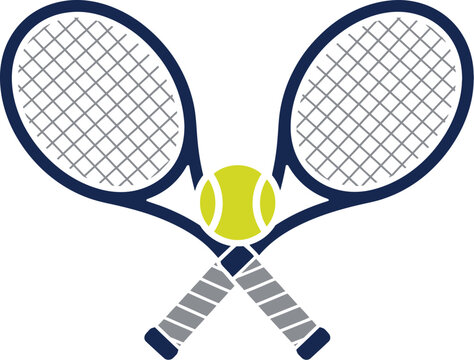 Tennis rackets crossed with ball vector, athletic sports equipment logo, navy blue and yellow tennis club icon