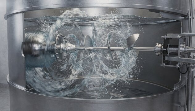 Sideentry mixer in action inside an industrial tank showing dynamic fluid flow and intense mixing of a homogenous liquid batch from a horizontal impeller view.