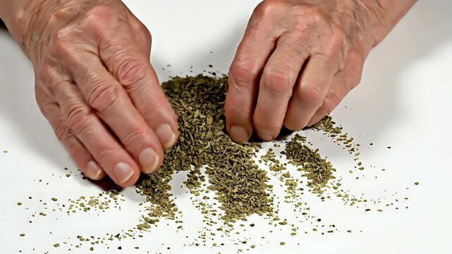 Elderly hands sorting dried herbs on a white surface.