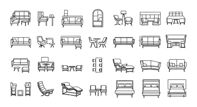 Comprehensive Furniture CAD Block Library for Interior Design, Featuring Sofa and Couch Icons, 2D Architectural Planning Vectors for Professional Floor Plans and