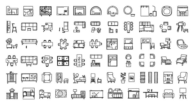 Comprehensive collection of architectural furniture and autocad 2d plan vector icons for interior design floor plans including sofa and couch furniture CAD block library.