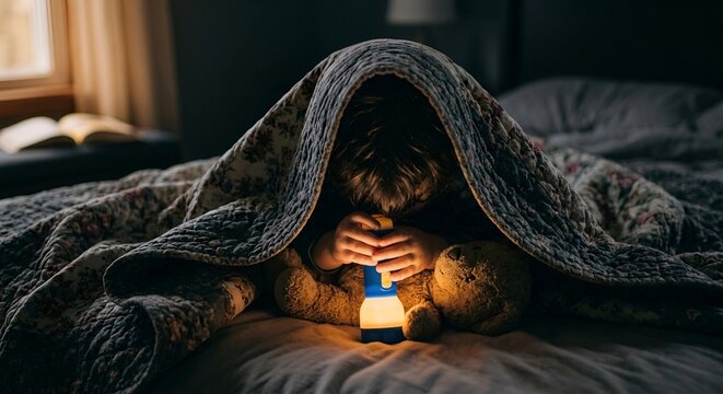 Little boy hiding under a blanket with a flashlight