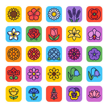 A clean icon sheet with 24 rounded square icons arranged in 6x4 grid, summer flower theme