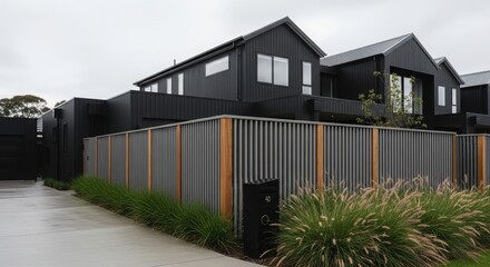 Fototapeta premium Modern black house with corrugated metal fence and timber posts. Contemporary residential architecture with minimalist exterior design. Suburban life and luxury property real estate concept.