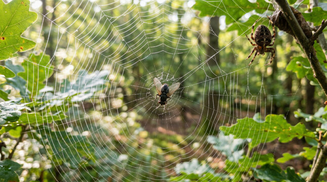 Orb Weaver Spider On Dewy Web With Trapped Fly In Sunlit Forest Close-Up
