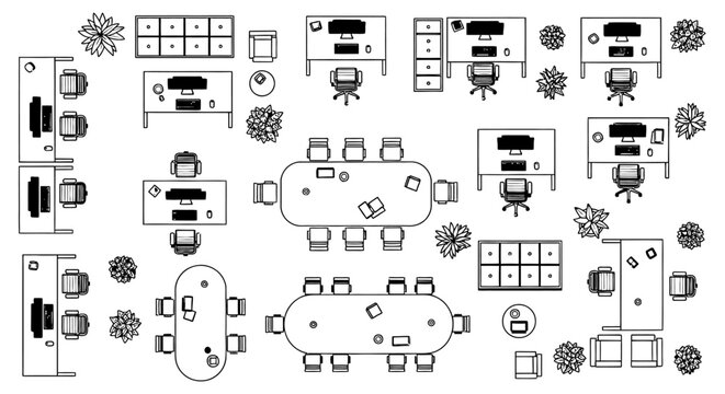 top view of modern office interior with desks chairs and plants