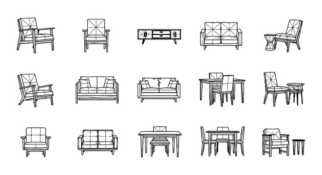 Comprehensive 2D CAD Architectural Furniture Block Library for Interior Design Floor Plans, Featuring Sofa and Couch Elevations and Table Vector Icons for Technical