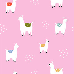 Fototapeta premium Seamless cute llama, alpaca pattern on pink background