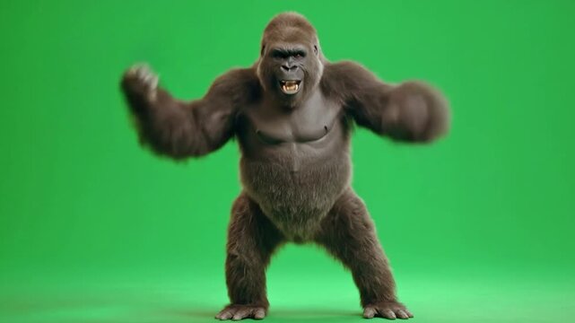 Funny Brown Gorilla Dancing Energetically on Green Screen.