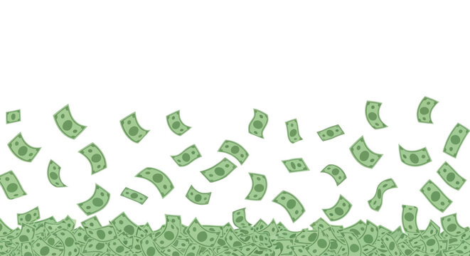 Green money bills flying, falling cash, dollar rain, financial abundance vector