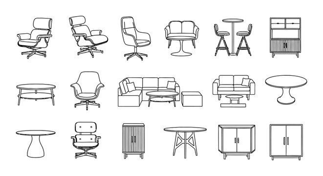 set of furniture design icons and illustrations interior decor vector elements