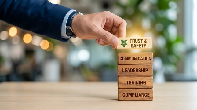 Businessman placing trust and safety block on wooden stack representing leadership, training, communication, and compliance in workplace concept