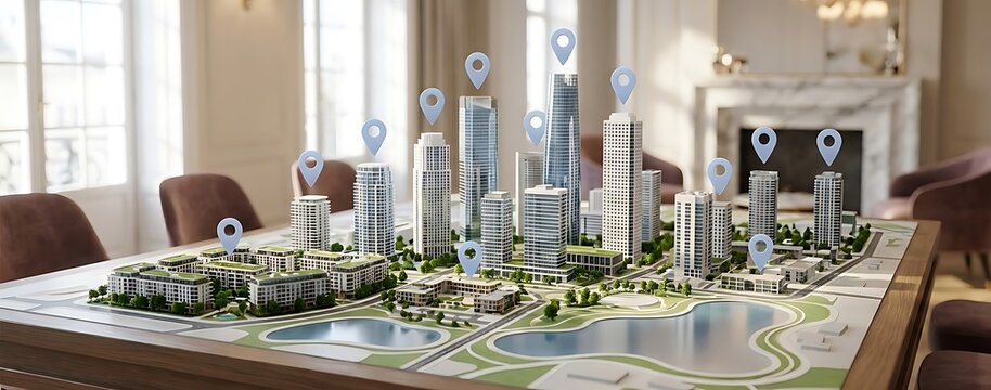Detailed architectural model of modern city center with skyscrapers and location markers displayed on table in luxury interior
