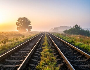 Obraz premium dreamy landscape of two train tracks running separately through a misty