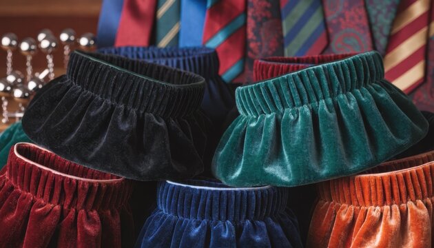 Midframe shot of an array of velvet cummerbunds stacked together with satin ties and cufflinks softly out of focus emphasizing texture variety in formal wear.