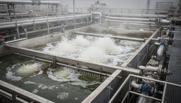 Medium shot of an aerated wastewater neutralization unit with bubbles rising in basins treating alkaline effluents surrounded by industrial piping.