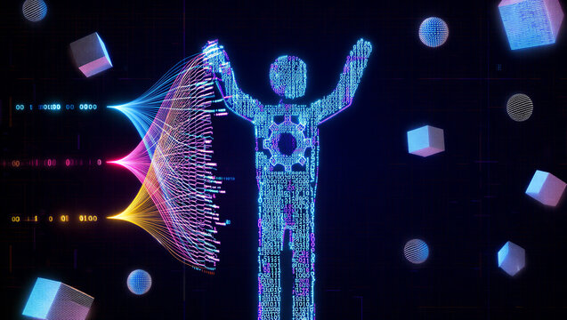 Futuristic digital human figure with glowing data streams and binary code elements in cyber space