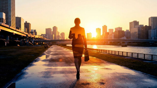 Businesswoman Silhouette Walking Toward Golden Sunset City River