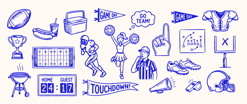 American Football Icon Set: A comprehensive collection of hand-drawn American football icons, capturing the essence of the game from the gridiron to the stands, rendered in a crisp.
