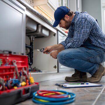 Competent technician expertly repairing under-sink plumbing with wrench, toolbox, clipboard, bright kitchen, home maintenance, professional service, skilled tradesperson, efficient problem-solving.