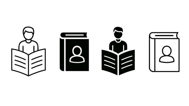 Reading book or learning solid line icons set. Reader, education, library symbol. Vector editable illustration.