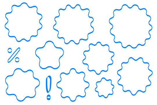 Hand drawn sale badges PNG. Fun blue outline starburst labels with percent and exclamation icons, doodle style promotional stickers for ecommerce, marketing, retail, UI and design