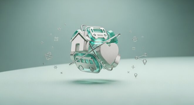 Universal Basic Services Concept with Gold House, Bus, and Heart Icons on Mint Ceramic