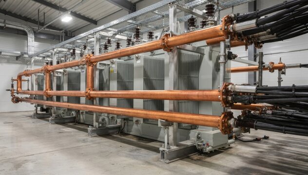 Medium shot of standby highcurrent rectifiers and transformers with heavy busbars in an industrial setting poised to supply power to electrolyzers when activated.