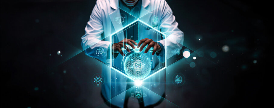 Futuristic scientist using advanced holographic technology and digital brain interface for medical research and innovation