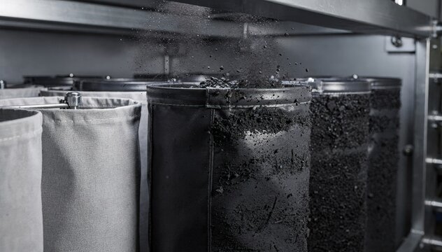 Closeup medium view of cloth filter bags coated with protective layer inside a pulsejet bag filter capturing carbon black particles during filtration.