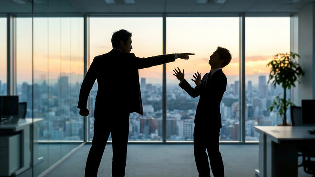 Businessman Silhouette Confrontation Office Window City Sunset