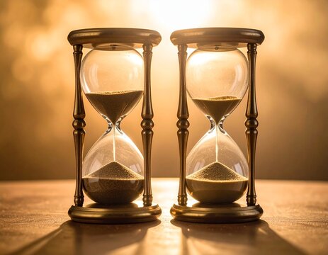 Two ornate wooden hourglasses filled with fine sand are positioned on a sandy surface, illuminated by soft light, conveying the inexorable flow of moments.
