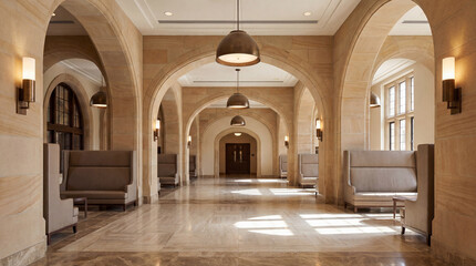Obraz premium University foyer monumental symmetry pale sandstone arches bronze lighting fixtures refined classical