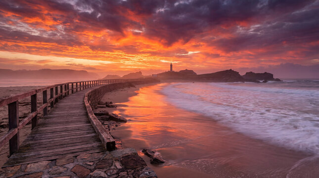 Seashore pathway under dramatic sunrise sky reflective wet sand soft surf calm morning