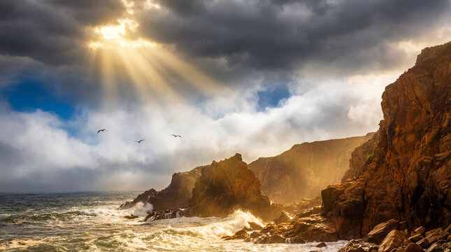 Sunlight breaking through dark storm clouds with vibrant rays illuminating the rugged landscape below