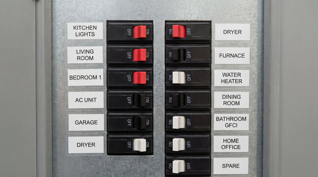 Close-up of labeled circuit breakers in a standard residential electrical panel safe home installation