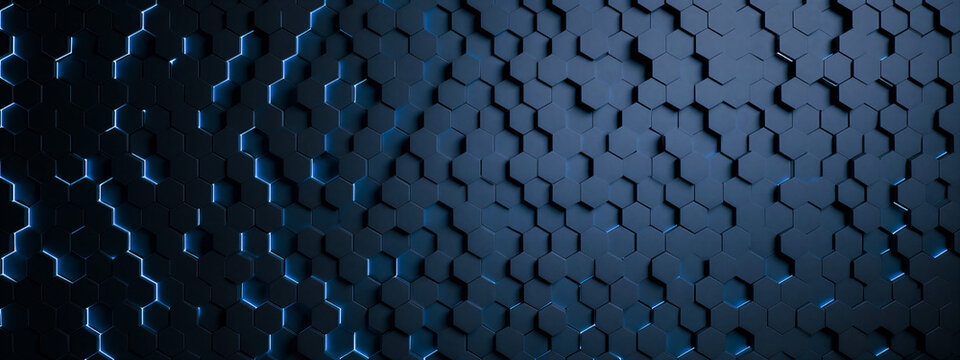 Modern abstract geometric hexagon pattern with glowing blue lines and futuristic design elements