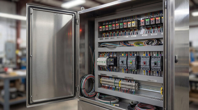 Exposed electrical cabinet relays terminals breakers showcasing industrial detail sharp technical photography